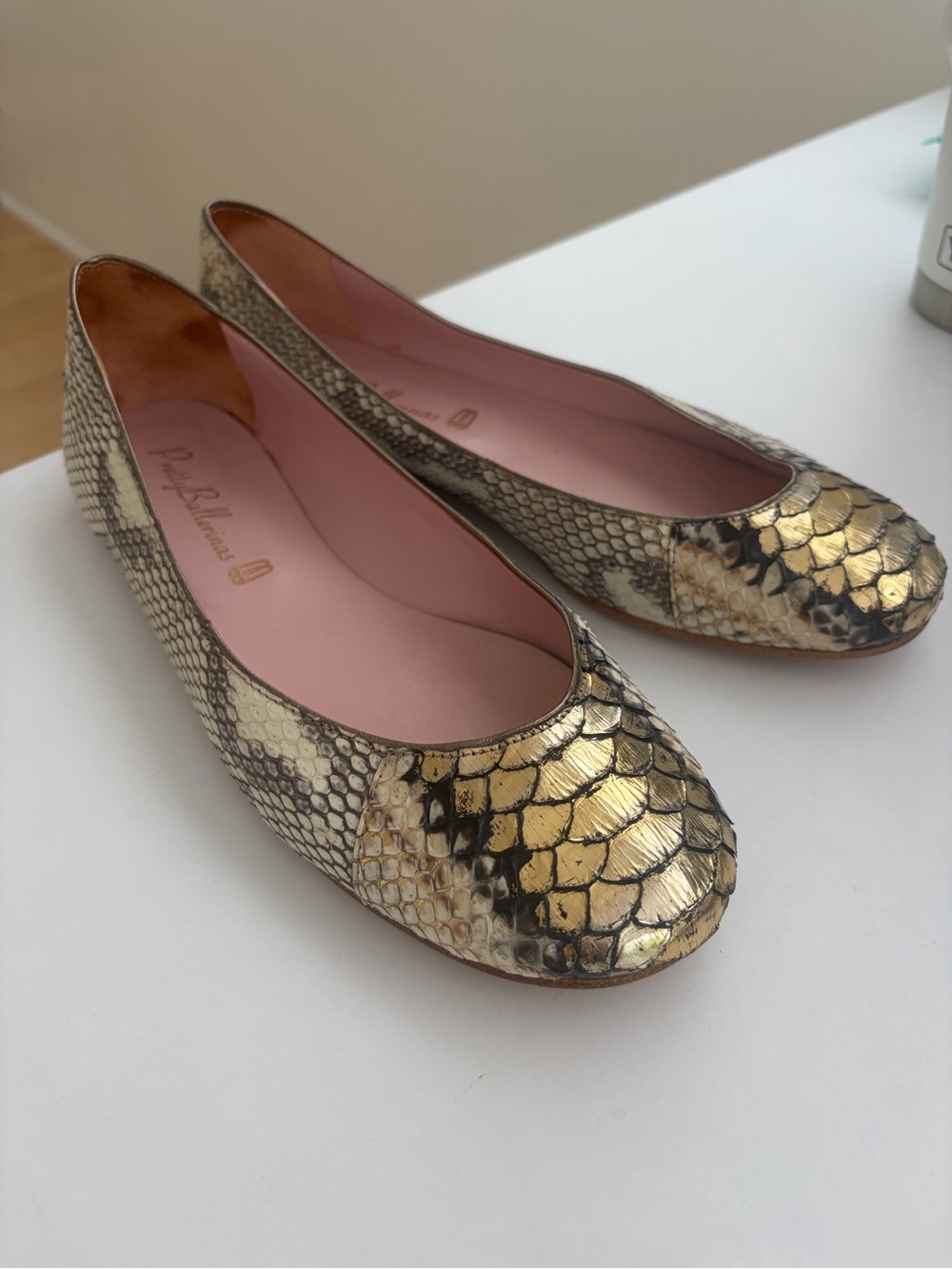 Pretty Ballerinas Metallic Gold Snake-Print Ballet Flats with Pink Lining